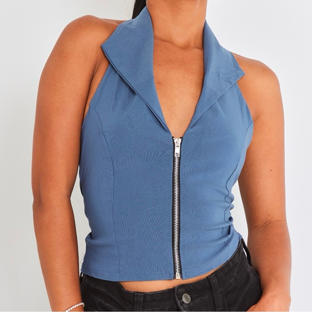 Blue Zipper Halter Top